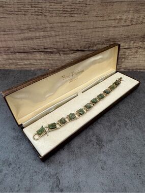 Vintage Greem Aventurine Gold Link Bracelet in Box